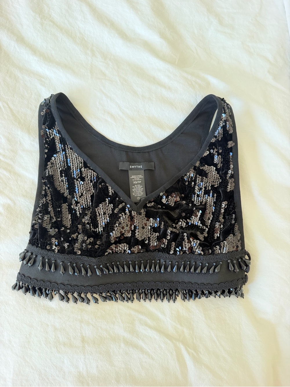 Smythe Black Sequin Crop Top with Beaded Fringe